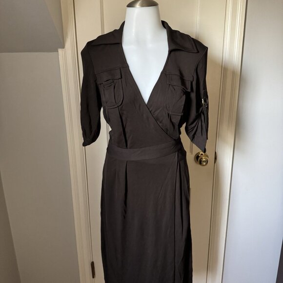 Women’s Diane Von Furstenberg Solid Brown V-Neck Collared Tie Wrap Dress - Picture 2 of 10